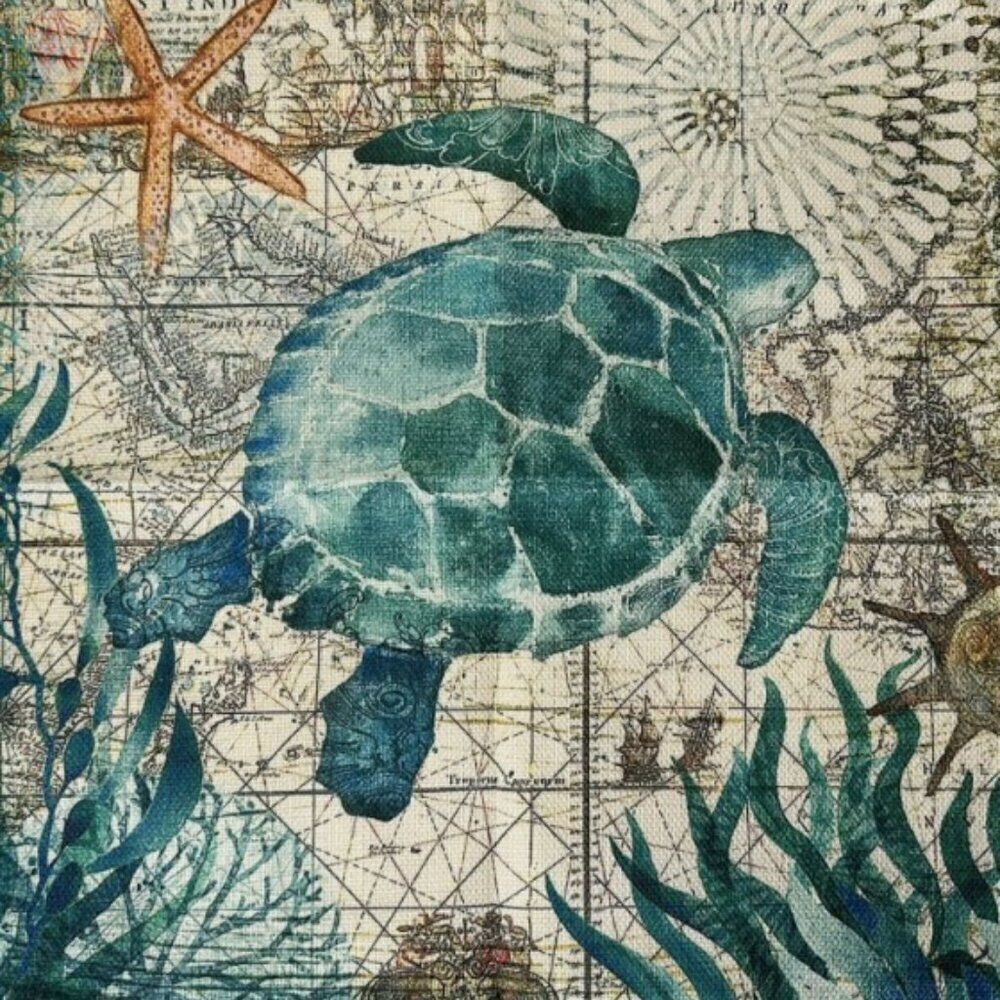 NEW Vibrant Coastal Sea Turtle Throw Pillow Cover – Vintage Nautical Map Accent